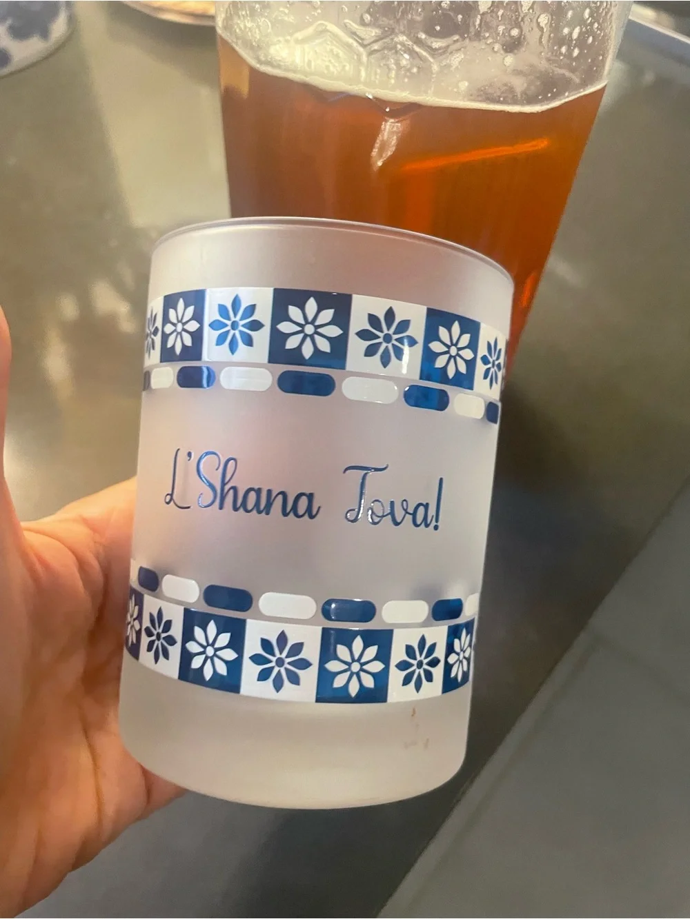L'Shana Tova!  Happy Rosh Hashana! 12 oz Frosted Glass Tumbler - Blue Floral